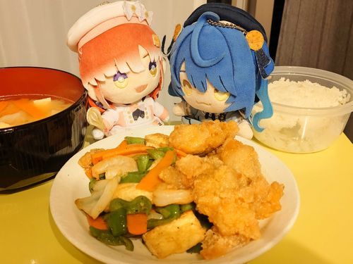 今日の晩ごはんは野菜炒めと唐揚げのプレートでした🥕🫑

あまみゃちゃんがじーっと唐揚げを見つめていますね