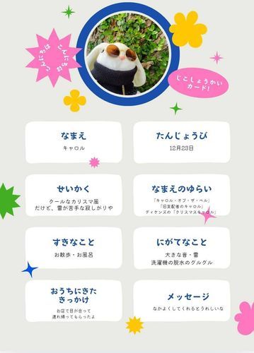 キャロルの自己紹介カードを作ってみました。
クールなサングラス姿ですが、実はかなりの寂しがりやです（笑）
名前の由来や、お迎えのきっかけも書いたので、読んでみてくださいね。