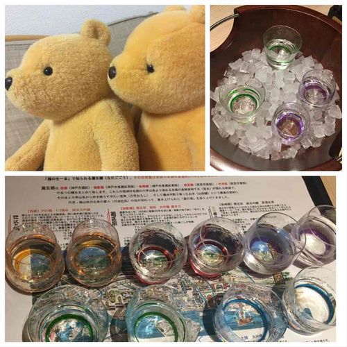 ふたりで旅行にきてるよ！実はぷー、お酒の飲めるくまなの。日本酒飲み比べしちゃった。氷の上でキラキラするグラスがきれいだね！
