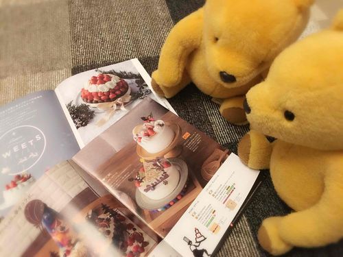 2人でクリスマスケーキの吟味中。どれを頼もうか迷っちゃうよ。はちみつを使ったケーキがあればいいのになあ。