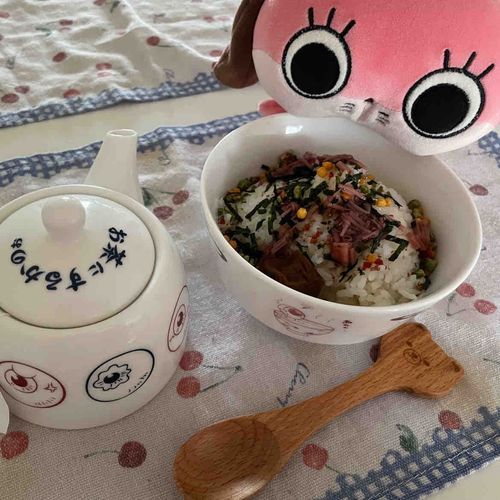 きょうのあさごはん おちゃづけ！
ゆかりのなめたけとうめぼしもいれて めだまおやじさんのおちゃづけセットでいただくよ！