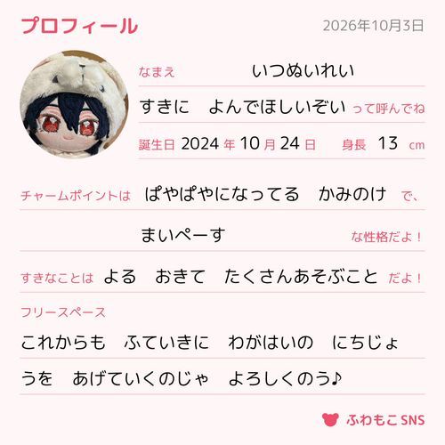 ぷろふぃーるを　かいてみたのじゃ📝　たんじょうびは　かいぬしのところに　きたひに　なっておるよ
これからも　よろしくのう♪