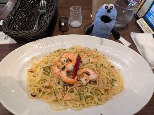 海老のペペロンチーノです！
ニンニクがすごく効いてて、ガツンて感じで美味しかった！