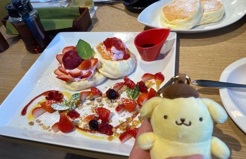 だいぶ前にむさしの森珈琲に行った時の🌿
「いちごのパンケーキ、ぼくもたべた〜い。分けてもらえるかな〜？」