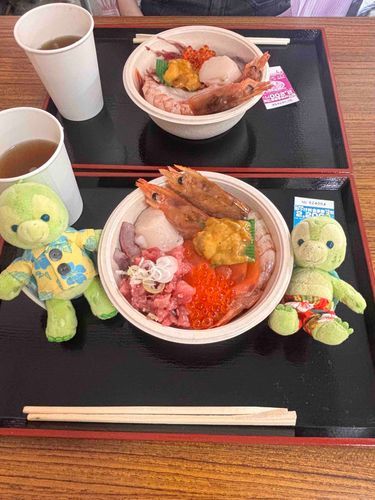 あおもりの朝は、すきなうみのさちをのせられる「のっけ丼」からスタート❣️
ぼく、りんご🍎のまちだとおもってたけど、うに✹のまちだ❣️
このうに、とってもあまくておいしくてものたりなかったよ〜😋
のっけどんでまんぞくしたあとは、でんしゃにのってまたおでかけだよ🚃