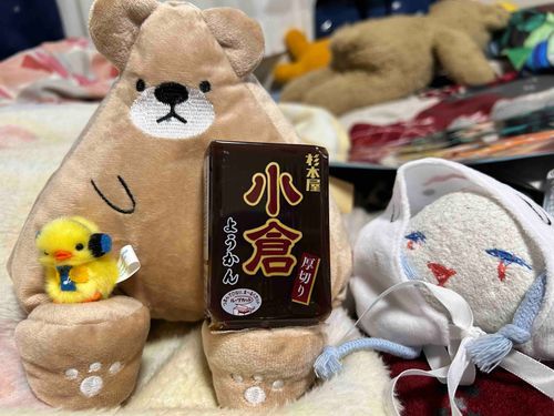 新しいお友達おによ！三角クマちゃんは足でスマホをささえてくれるらしいおに！ぴよちゃんがのってるおにねー！羊羹もおもそうおにー