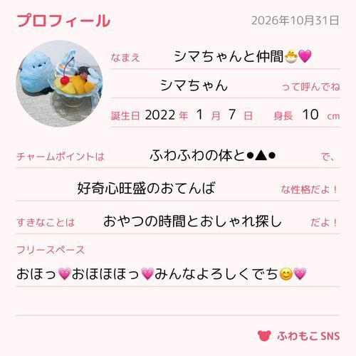 🐣プロフィールっていうでち？自由に書いたでち😊
👩みんな、これからもシマちゃんをよろしくね💗