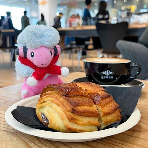こだわりクロワッサンのおみせにきたよ🥐 もこやんはパンオショコラがすき〜〜  チョコもはいってておとくなきぶん🍫
