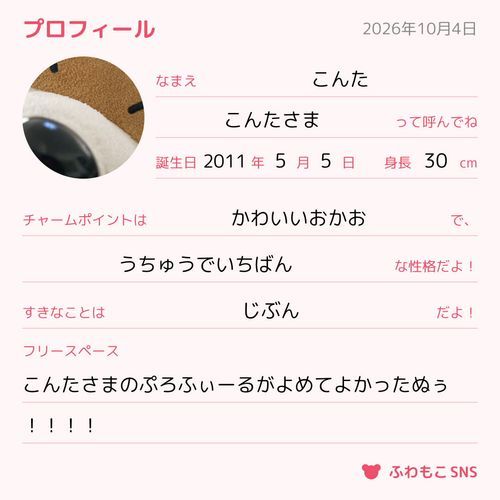 こんたさまのぷろふぃーるだこん

かわいくてせいかくもいいこんたさま！