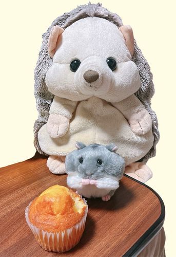 マフィンは渡さないぞという強い意志を感じるはりぽんのまなざしと、食べ続けている‪はむちゃん🧁