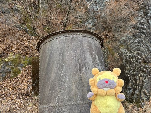 ででーん！これは、ぶっとい水圧鉄管！水力発電で、お水流すやつ！昔の発電所跡に残ってたぶも！ぶもひゃっぴきより太いぶもー😤
