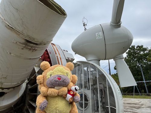 風力発電機のけんがくさせてもろた！羽根でっけえ！山の上で組み立てるの、めっちゃ大変らしいぶも！かっくいいぶもー😤