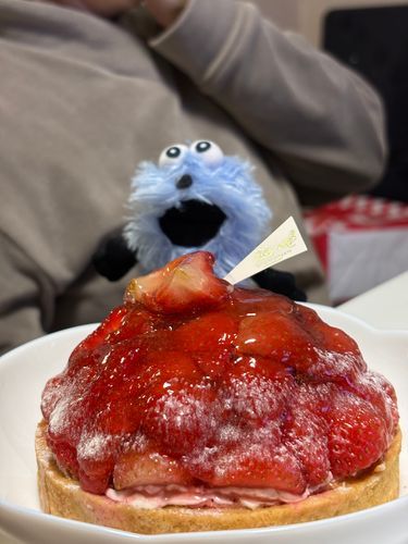 いちごどっさりケーキに喜びを隠しきれない