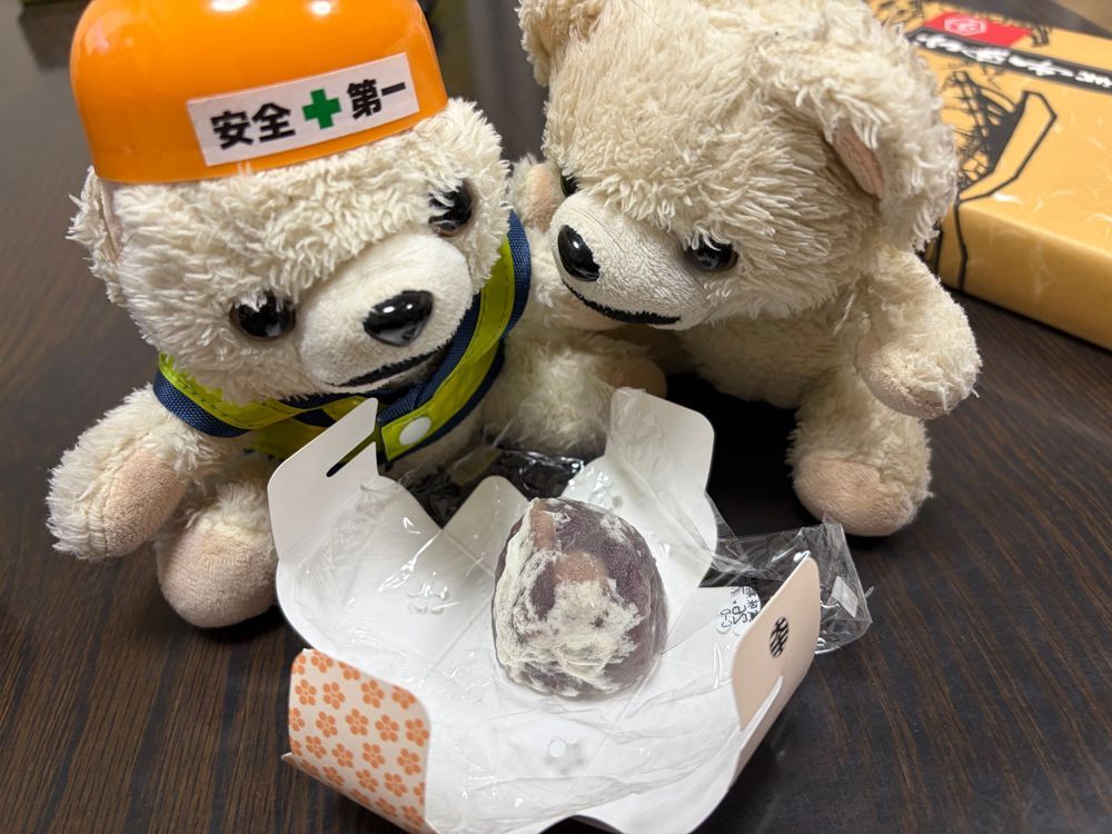 二足歩行から隠れて、こっそり岡山銘菓の大手まんぢゅう食べる、ヨシ❗️
