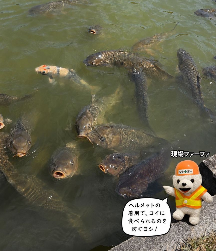 コイのいる池に近づく時は、エサと間違えられないように注意ヨシ❗️