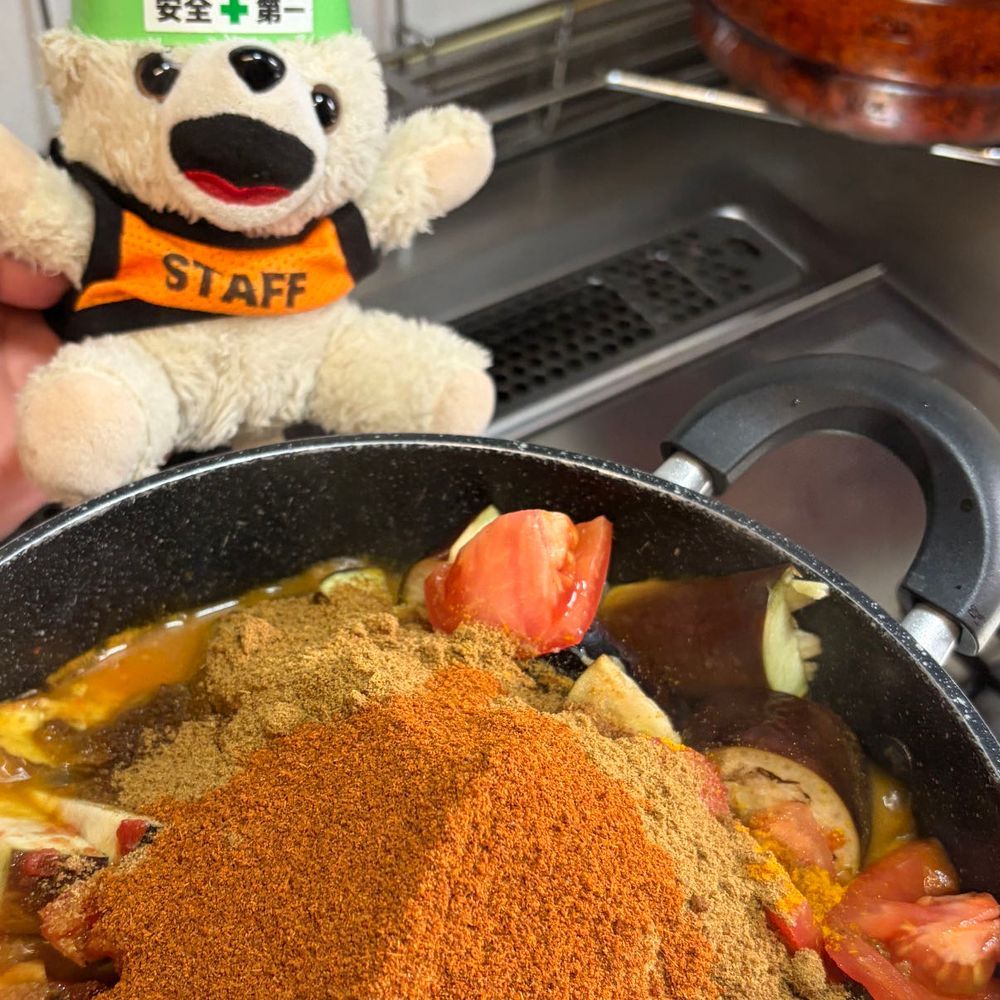 ぼくカレーには大量のナスを入れるんだ〜❗️
そしてトマトも入れて…スパイスで味を整える…❗️