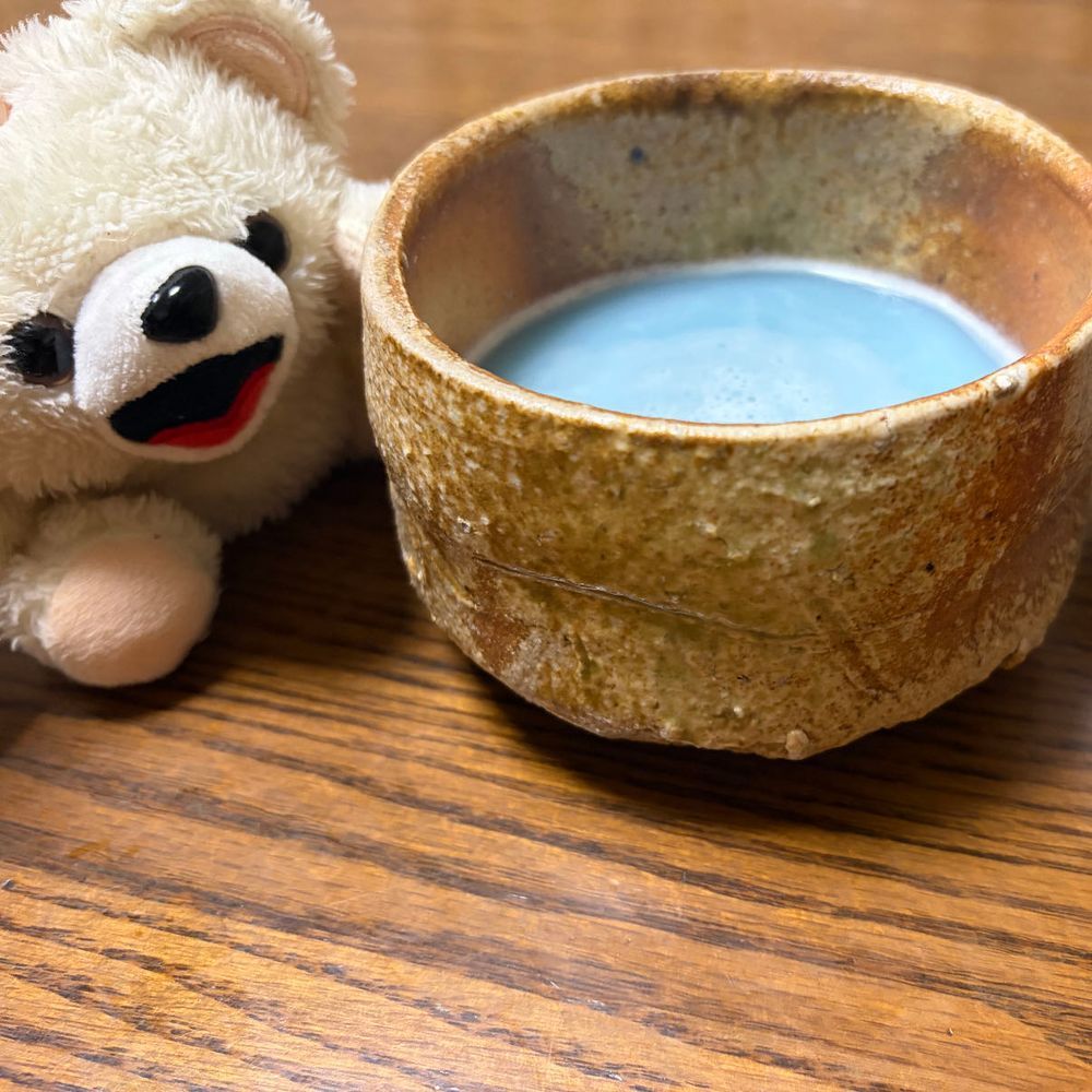 抹茶が無かったから青いお茶なんだ〜🍵
器がいいと美味しく感じるよ❗️