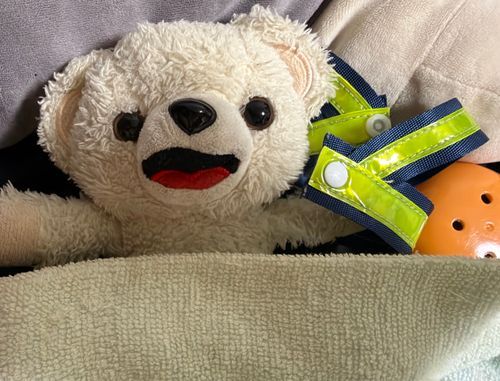 明日はお休みもらったから、今夜は安全ベストも脱いで眠るヨシ…💤
