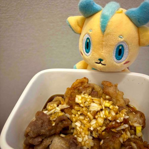 これは豚こまで作った油淋鶏もどきだよ。
でっかいカリカリ油淋鶏が食べたくなるわね、、