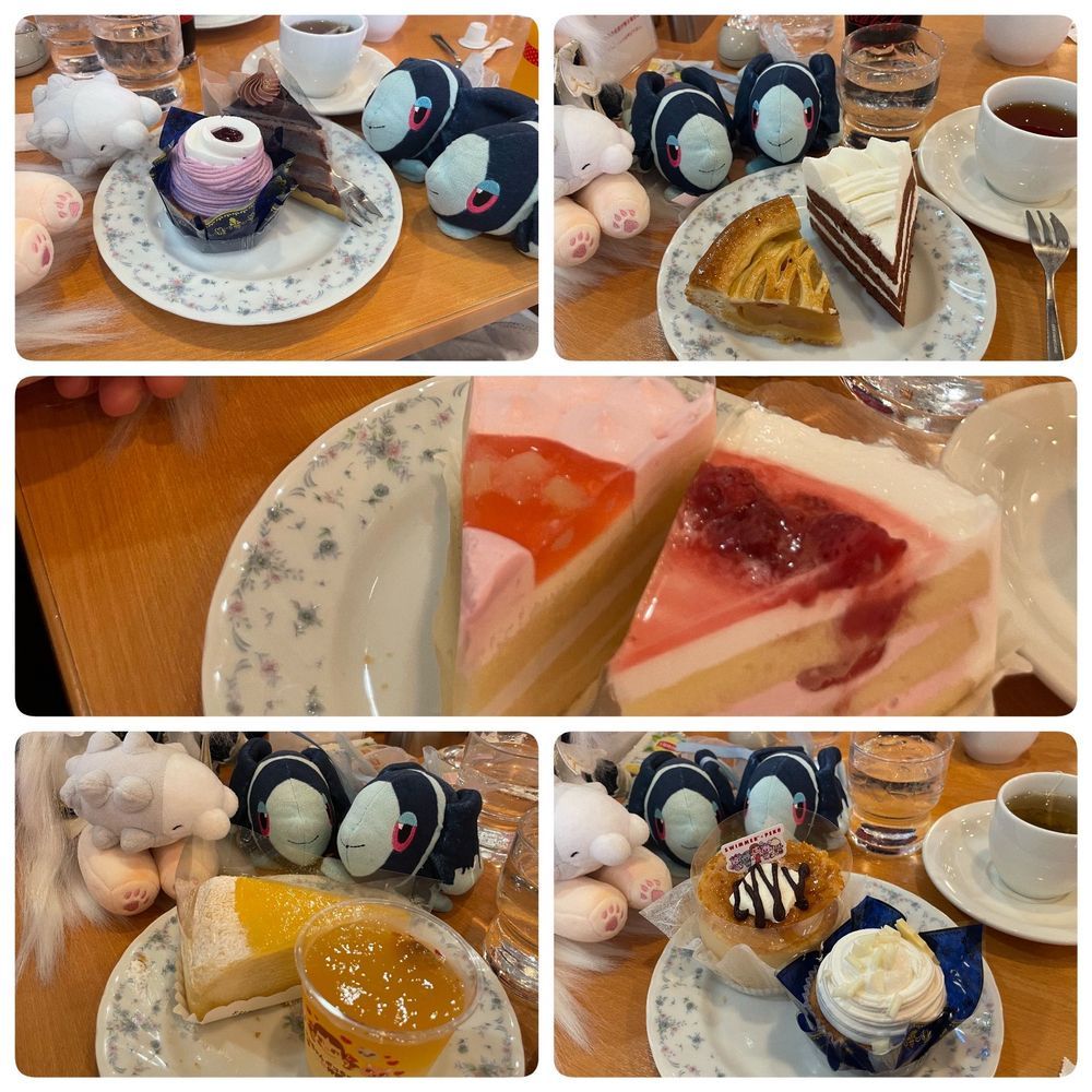 これはケーキがたくさん食べられるお茶会だから…😌
きょうの おちゃかいは ちょう すぺしゃる!! ふじやさんから おとどけします🎙
きょうの おちゃは… りぷとんさんの かもみーるはーぶ だーじりん あーるぐれい ぴーちまんごー🌼🌿🫖🍑
いっぱい いろんな おちゃを のめて、 たのしかった〜!
あまいものに ぴったりの こうちゃたち だったよ🤩
きょうの おかしは、 ふじやさんの けーき🎂
のうこうちょこけーき、 さふぁいあもんぶらん、 ほわいとちょこけーき、 かんじゅくあっぷるぱい、 ねくたーよーぐるとけーき、 べりーしょーとけーき、みるくれーぷ、 みかんぜりー、 ほっとけーき、 みるきーもんぶらん……
いっぱい たべられて しあわせ〜!🥹
なんといっても てんかの ふじやさんの おかしですから、 すっ……ごく おいしい!!
こってり しすぎじゃない ふわっとした くりーむに、 かるい すぽんじけーき!
じょうだんを ぬきにして、 ほんとうに なんこでも たべられちゃう…
そのけっかが これなんだ……😌
また きます…🫶