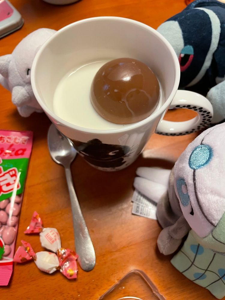 ティータイムにお茶を飲まなくても、まったく問題ありません。コーヒー、ジュース、水、あるいは飲み物なしで、好きなおやつやリラックスする時間だけを楽しむ形でも大丈夫です。
(Google先生がそう言ってた)
おちゃの じかんだけど、 おちゃ じゃなくても いいんだって!🤩
だからね…
きょうの おちゃは、 ほっとみるく🥛
それに、 いおんさんの みるくちょこれーとぼむを うかべたら…
ちょこが とけて ましゅまろが でてくるよ!☁️
ましゅまろほっとちょこれーとみるく だね!
あんしんする あじ…
かなしいとき すぐに これを ひとくち のむことが できたら いいよね
きょうの おかしは、 だがしやさんの いちごむぎ と、 ほわいとぼーる🍓⚪️
いちごむぎは、 いちごあじの むぎちょこ!
さくふにゃっとした しょっかんで、 こおばしい むぎぱふが いちごちょこで こーてぃんぐ されているよ!
ぼくたち たべたこと ないはずなのに、 なんだか なつかしい かんじ……🤔
ほわいとぼーるは、 きゃんでぃみたいに ほうそうしてある ぴゅあな ほわいとちょこれーと!
ぼく、 ちょこぼーるとか みたいに なかに なにか あるのを そうぞうしてたから これが そざいの あじか…… って かんどうしちゃったよ🥹
だがしの せかいって とっても でぃーぷだ…! ふかい うみ みたいに みすてりあすだね