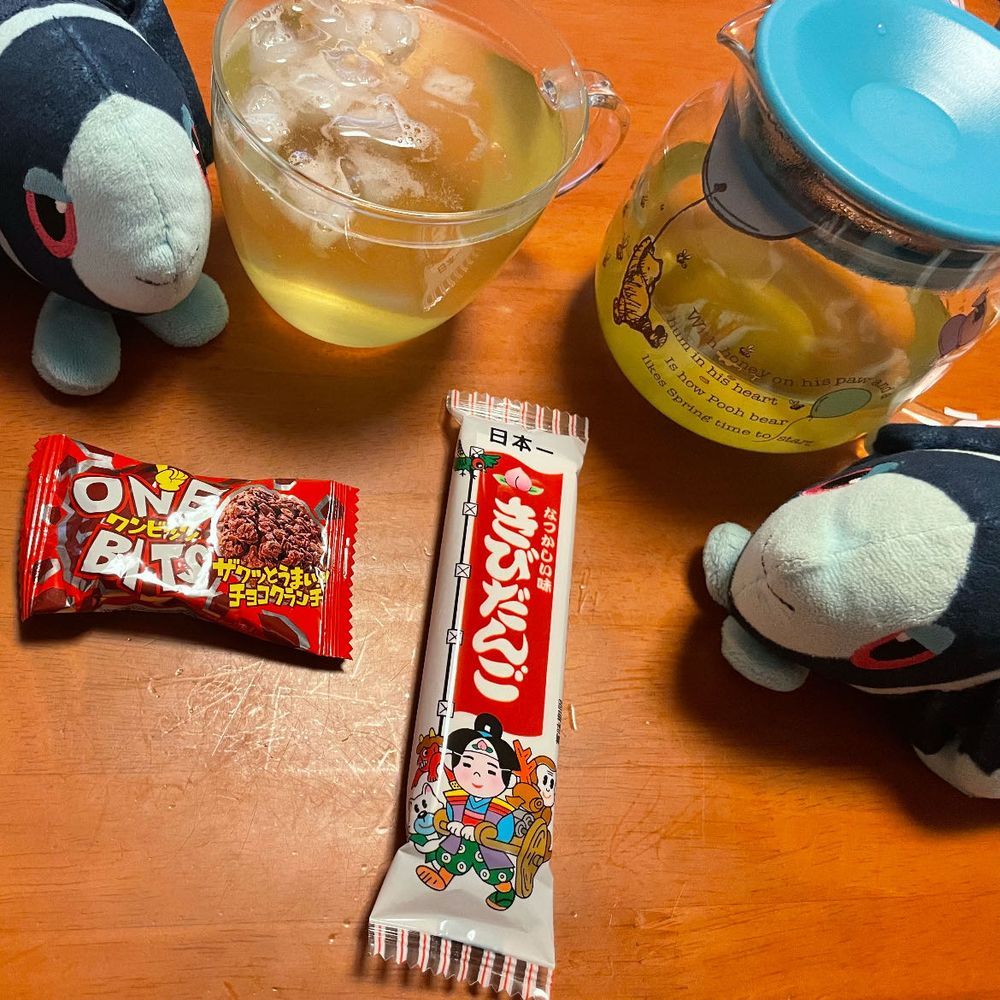 昨日行われたお茶会の様子といっしょにお届けします

きのうの おちゃは… あきゅあさんの ぜいたくしおばにらみるく🍼
かっぷに あけてみると、 ばにらあいすの いろだ！🍨 
ばにらあいすの あじが したよ！

きのうの おかしは… ろってさんの ちょこぱい🍫
おとうさんが この ちょこぱい だいすきだから、 いつも おうちに あるんだ
おとうさん、 2こだけ たべさせてね…
いつもの おいしい ちょこぱい！

そして、
きょうの おちゃは、 はるもものりょくちゃ🍑
ひとふくろめは これで おしまい！
まだ あるから、 ゆっくり たのしもうね

きょうの おかしは だがしたち！
わんびっつ🍫 ざくざくの ちょこくらんち！ 
おいしい… おおぶくろだったら あぶなかったかも たぶん いっぱい たべてたよ
そして この きびだんご🍡 
ぼくも トレーナーさんも はじめての きびだんご…
おだんごが はいってるのかと おもったら、 きなこあじの くろい もちもちした しーと？ が はいっていたんだ！🤔
みちとの そうぐう… やっぱり だがしの せかいは おくが ふかいね😌