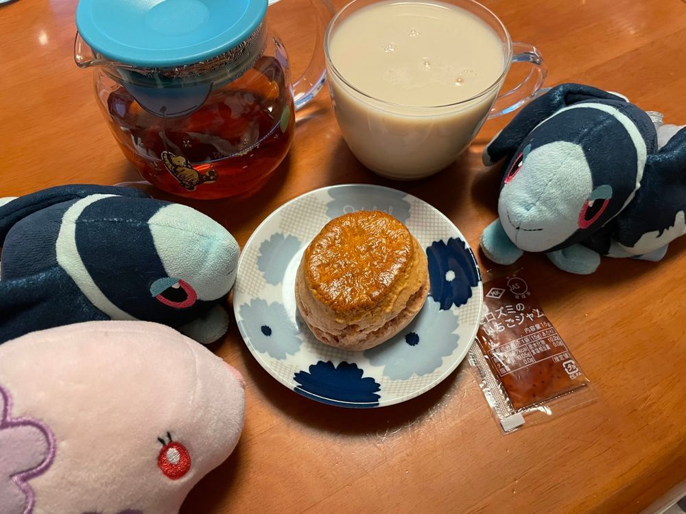 ティータイムおふたつでよろしいですか

きのうの おちゃかいの ようすも おとどけします！🫖

きのうの おちゃは…… こかこーらさんの こうちゃかでん むとうあーるぐれいあいすてぃー🧊
ぺっとぼとるの こうちゃ、 すとれーとな  おこうちゃに ちょうせんするのは はじめてだったんだけど…
しっかり いいかおりで すっきり おいし〜！！🥳
てぃーばっぐが はいって いないから あたりまえなんだけど、 おいておいても しぶく ならない…🥹
こおりを いれなくても つめたい…！！
これが ぼくたちの もとめていた ぺっとぼとるの こうちゃかも！

きのうの おかしは… めいじさんの かんとりーまあむ もりのさふぁいあ ぶるーべりー🫐
あまい そふとくっきーだけど、 ぶるーべりーの そんざいかんが おおきくて さっぱり ふれっしゅだよ…🤔
どうやって この そんざいかんを かなえているんだろう ふじやさん すごいよね

つづいて きょうの おちゃ… てぃーあーすさんの はちみつこうちゃ🐝
1はいめは みるくを たして、 2はいめは すとれーとで いただいたよ！
でも やっぱり すきとおってて おさとうを たしてるわけでも ないのに あまいのが ふしぎに かんじちゃう😳
でも しょうらいてきには すとれーとを すきに なりたいから がんばるよ

きょうの おかしは、 おひさまとすこーんさんの すこーん（すとろべりー）🍓
てんしゅさん おすすめの いちごじゃむを そえて…
いちごに いちごを あわせて、 あわないわけが なかった！！🤯
おねがいします… ぼくたちの おうちの ちかくに… てんぽを かまえてください おねがいします… 
それか えきまえに いっぱい きてください…😢