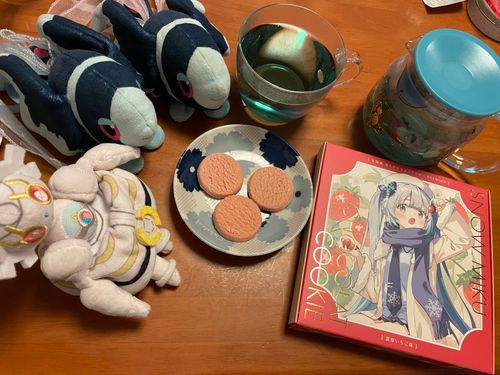 今日も昨日のティータイムがお安いですよ

きのうの おちゃかいは よるでね…
ねむくて とうこうが できなかったんだ…

きのうの おちゃは、 てぃーぶてぃっくさんの ぶるーふらわーはーぶてぃー💠
あのこの ながい かみの いろ みたいな、 やや みどりがかった みずいろの おちゃ！
よるに のんでも あんしんの でかふぇな おちゃ なんだって🤔

きのうの おかしは… くりぷとんさんの ゆきみく しょこらくっきー❄️
しっとりした くちどけが ふしぎな、 いちごちょこあじの くっきーだよ！
みくちゃんたちの ふるさとは シンオウちほうの ほうに あるみたいで…
らいぶの ぶっぱんで うっているんだって！