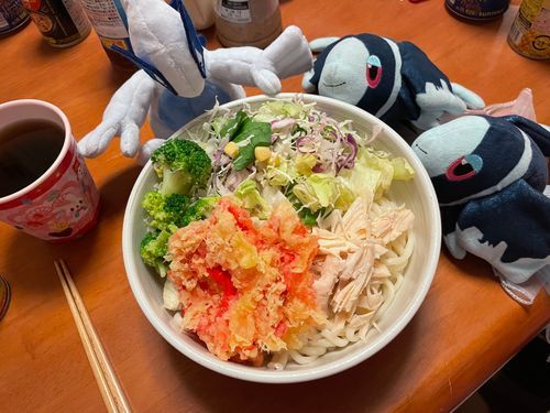 さっぱりさらだうどん！

さらだうどん、 べにしょうがてん のせ！
さっぱり おなかいっぱいに なれちゃう なつの はいぶりっど ごはんだね