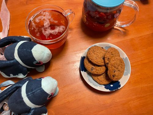 おちゃかいに ついに あの おかしが とうじょう！

このときが やってきた…😌

きょうの おちゃは、 てぃーあーすさんの はちみつこうちゃ🍯
この こうちゃは… のどに やさしい！ （と おもうんだ はちみつ だから…）
こおりを ちょっと いれて、 あつい おちゃを つぎたしながら… やや あたたかめの じょうたいで いただいたよ
また みるくを たしたりして のむのも いいなあ

きょうの おかしは…🥁… みすたーいとうさんの ちょこちっぷくっきー🍪
ふわもこの おともだちに じょうほうを いただいてから ひさしい あの おかしが… ついに おちゃかいに さんせん！
ざくざく しょっかんで しなもんが かおる… そぼくながらも おしゃれな ちょこちっぷくっきー！
すごく おいしい〜！！🫢
トレーナーさんは むかし よく たべていた みたい なんだけど… やっぱり おもいだすことは できなかったみたい
すごーく ちいさいころ だったのかも…
でも また こうして であえて よかったね！