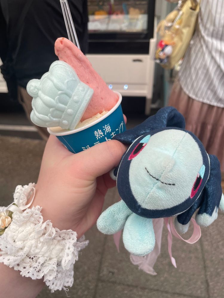 あたみタウンおさめ！

あたみタウンおさめは、 しょうてんがいで たべあるきだ〜！

ふっかふかの むしたて おんせんまんじゅう！
まっしろ ふわふわの こちらは こしあんいりの おまんじゅうだよ
あつあつで トレーナーさんが あつい！ と おもうくらい あつかったんだって
ちょっと さめるまで まったよ…
ぼく やけど こわいから…😢

そのあと あたみじぇらーときんぐさんで かわいい おうかんつきの じぇらーとを げっと！
ぼくと おなじ みずいろの おうかんだね👑
いちごあじと ばにらあじの じぇらーと だったんだけど…
くるまに もどる とちゅうで、 おそらの たいようが げんきに なりだして… ぽた ぽた…😨
とけはじめちゃった！
ながれるように たべちゃったけど、 あまずっぱい いちごと あま〜い ばにらを しっかり かんじたよ！