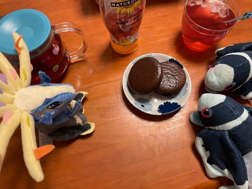きょうの おちゃだよ〜 (*｣´□`)｣🍵

きょうの おちゃは、とわいにんぐさんの すとろべりーあんどぶるーべりー🍓🫐
べりー とくゆうの さんみが とくちょうの ふるーつてぃーで、 はちみつを まぜた のみかたも おすすめ されているよ！
ぼくは はちみつ ぷらす はの ポケモンだよ
きのう いちごの こうちゃを のむ べき たいみんぐ だったのを のがして しまったので…
その りべんじ です…😣
あまずっぱくて くせに なる、 おいしい こうちゃ です…

きょうの おかしは、 ろってさんの ちょこぱい🍫 はなやぐあーるぐれいのれもんてぃー🍋 
かたほうが いつもの ちょこぱいで、
もう かたほうが、 げんてい れもんてぃーあじ！
おさらに だしたら… みわけが つかなく なっちゃったし、 ちょこが ひれに ついちゃったよ… でも おいしいから OKです！🫶
ちょこれーと、 すぽんじけーき、 ほいっぷくりーむの おかしだから、 やんごとなき あまさ…！ おいしい！ とまらない！
これを こうちゃと いただくのが いいんだよね！