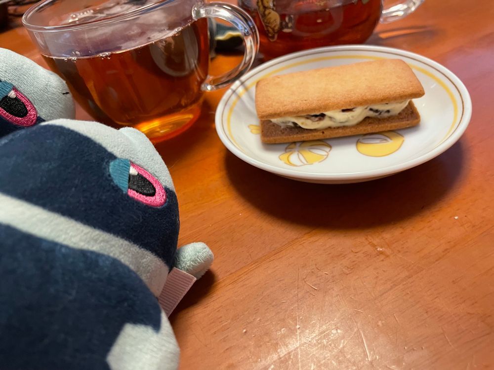 きょうの おちゃだ〜! (∩´∀`)∩🍵
きょうの おちゃは、 りぷとんさんの ぴーちてぃー🍑
のんかふぇいんの いつもの やさしいやつ!
かっぷに はんぶん いかない くらいの こおりを うかべて… ぬるめの こうちゃから すたーと!
それからは あたたかい こうちゃを つぎたしながら のみやすい おんどを きーぷ!
つめたいのは さむくなる… でも あついのは のめない… そんなときは これくらい こおりを いれれば いいんだね!
きょうの おかしは、 ろっかていさんの まるせいばたーさんど🧈
れーずんと ばたーくりーむを びすけっとで はさんだ、 ほっかいどうの ゆうめいな おかし!
おみせで ほっかいどうの ふぇあを やっていて ぐうぜん であえたんだ! らっきーだね🍀
なめらかな ばたーくりーむには、 ほわいとちょこれーとが いっしょに まざっている みたい! これが あまみの しょうたいなんだ! あと…
かくしあじに おさけを つかってるって きいたんだけど…
ぼくたち たべても よかったのかな?
せいかようの おさけ とかなら だいじょうぶ かな……🤔