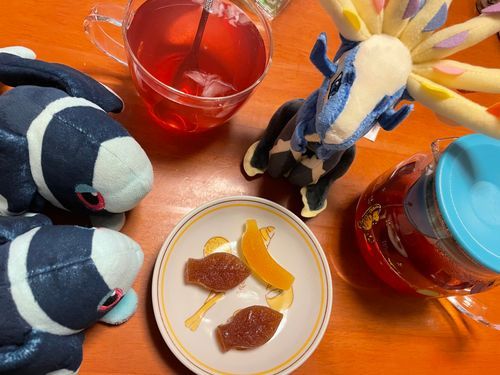 ジュエリーなお茶会(  ･ω･)っ💎

きょうの おちゃは、 とわいにんぐさんの らずべりーあんどれもん🍋🍓
さんみの ある ふるーてぃーな こうちゃ！
はちみつを まぜると おいしさが ますよ！
ぼくは もちろん はちみついり なんだけど、 やっぱり いちばん はちみつの ほのあまさが あうのは この らずべりーあんどれもん…😌
れもんが はちみつと なかよし なんだよね
とわいにんぐさんの ふるーつてぃーぱっくは これで おしまい…
ぼくたちに すっぱい こうちゃの おいしさを おしえてくれて ありがとう！🤩

きょうの おかしは、 とみぜんふーづさんの さいかのほうせき ばなな ますかっとてぃー れもんてぃー 🍌🍇🍋💎
カントーちほうの さいたまタウンで にんきを あつめる めいか！
もっちりした ぜりーが こつぶの おさとうで こーてぃんぐ されていて、 ひかえめな はごたえが より おじょうひんさを きわだたせる…👑
りっちな かんじ だけど、 ほんとうは… むかし どこかで たべたような なつかしさを かんじる やさしい おかし なんだ
むっちり しゃりしゃり… のうこうな あまみが こうちゃに よく あって おいしかった〜！