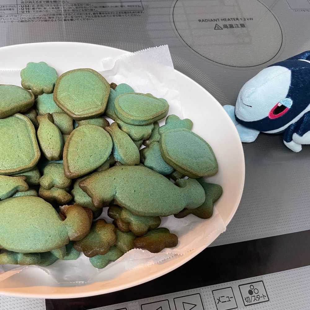 そらいろの くっきーを つくろう！☁️🫧

はろうぃんが やってくる！ だから… おかしづくり やってみよう！ 
かるでぃさんの あおい ほっとけーきみっくすを つかって さわやかな おいろの くっきーを… って おもったんだけど…

そこまで あおく ならなかったから あおの しょくべに…… いれちゃった…🤫

ねこちゃん、 はーと、 おほしさま、 おさかな… ほかにも いろんな かたちに かたぬき して…
おーぶんで ぶん！
こなざとうを つかったから、 ほろほろっとした くっきーに なったよ！🥳
そらいろくっきー だいせいこう だね！