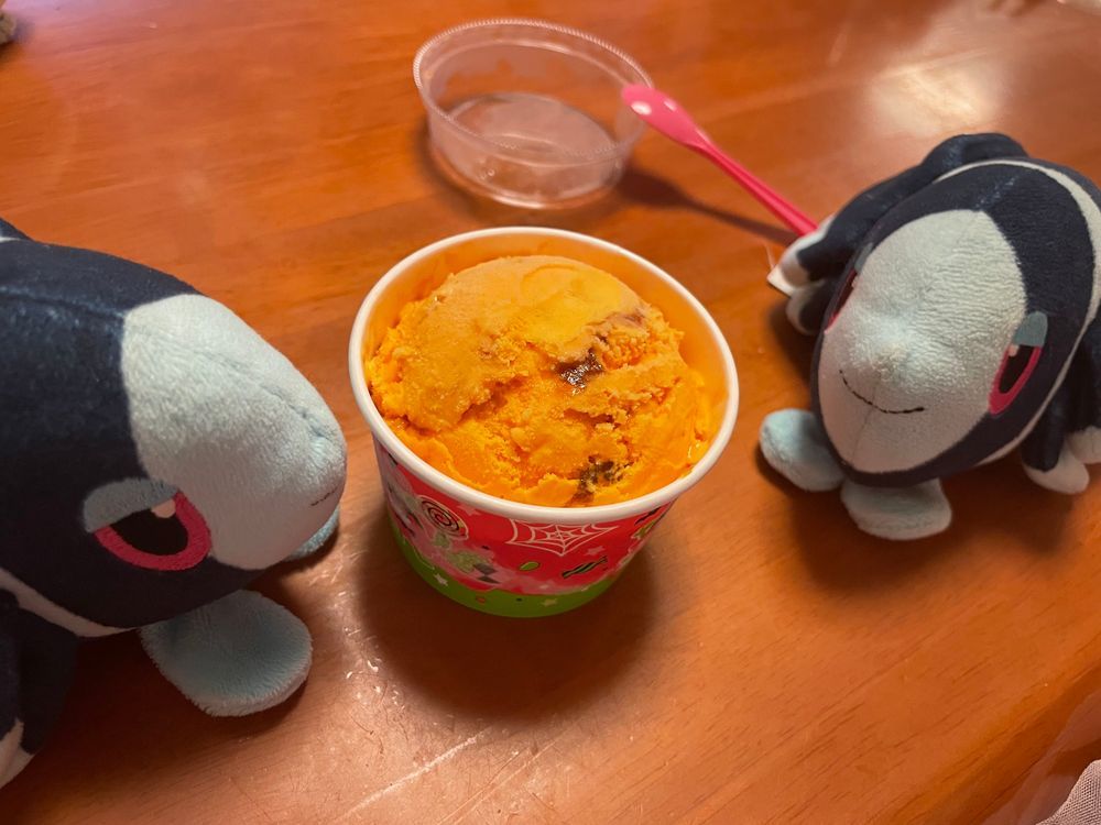 おしまいの デザート

はっぴー にゃろうぃん！
さーてぃわんさんの とくべつな あいすくりーむぼっくすで でざーとたいむだよ！
ぼくたちが いただいた ふれーばーは ぱんぷきんぷりん！🎃
からめるの ほろにがさと かぼちゃの ほのあまさが やさしく とけあう おいしい あいす！
かわいい ねこちゃんの たおるが ついてきたよ🐱