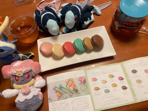 きょうの おちゃ(´･ω･)っ旦~

きょうの おちゃは、 りぷとんさんの ぴーちてぃー🍑
のんかふぇいんで からだに やさしい！ ももの かおりと さっぱりした おちゃの ふうみが のみやすくて おいしい
もはや かぞくの ような おちゃだよ！

きょうの おかしは、 らでゅれさんの まかろん🍬 
ぼくたちが いただいたのは、 ろーずと て・まりー・あんとわねっと 🌹👸
ろーずは、 あわい ぴんくいろの まかろんに しろくて ばらの かおりが する くりーむが はさまった ひときわ かわいい まかろん！
て・まりー・あんとわねっと は…
らでゅれさんの  おりじなるてぃーの おなまえで… その こうちゃの ふれーばーな まかろん なんだって！
あざやかな みずいろの まかろんだよ
おじょうひんな こうちゃの あじが した〜！🤩