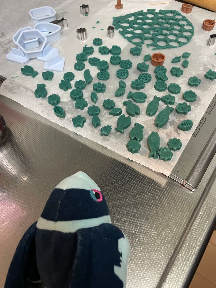 そらいろの くっきーを つくろう！☁️🫧

はろうぃんが やってくる！ だから… おかしづくり やってみよう！ 
かるでぃさんの あおい ほっとけーきみっくすを つかって さわやかな おいろの くっきーを… って おもったんだけど…

そこまで あおく ならなかったから あおの しょくべに…… いれちゃった…🤫

ねこちゃん、 はーと、 おほしさま、 おさかな… ほかにも いろんな かたちに かたぬき して…
おーぶんで ぶん！
こなざとうを つかったから、 ほろほろっとした くっきーに なったよ！🥳
そらいろくっきー だいせいこう だね！