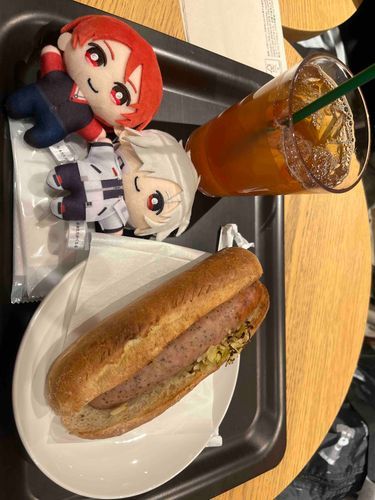やこうバスでかえってきたよ きょうのあさごはんはスタバのホットドッグだよ