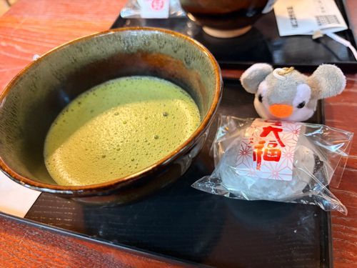 日光ってところにある神社のおいしいお水でたてたお茶🍵をいただいたよ。おだいふくもすごーくおいしかった！