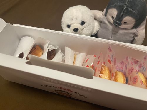 ペコちゃんドーナツのお店に行ったら、閉店間際のドーナツたくさんセットがあったペン！
しろたんとコラボしててかわいいペン！
ごまちゃんと大喜びしちゃったペン🐧✨🦭