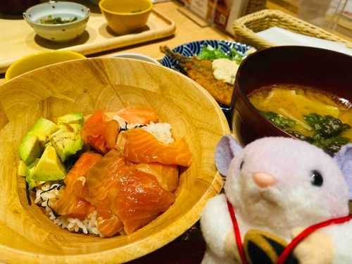 (どんぶり)サーモンアボカドごはん
(おかず) 境港産アジフライ！でちゅ🐟🥑
