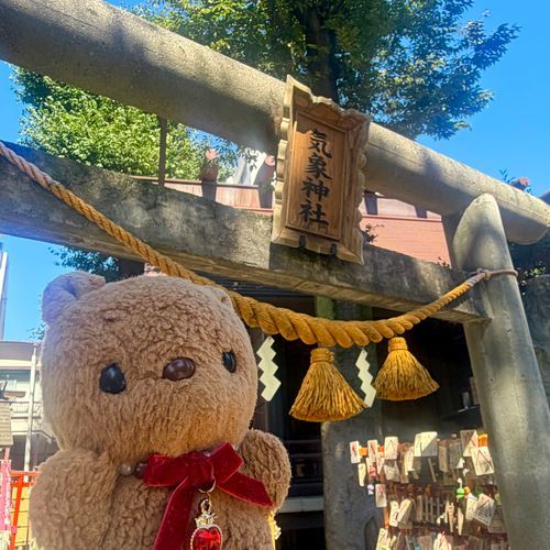 おとといの おしゃしん つづき🐿

こうえんじに ある きしょうじんじゃ いってきたよ～⛩
おてんきの じんじゃは にほんで ここだけ なんだって✨️
あきの おでかけ おてんきが よくなるよに おねがい してきたよ🎶
みんなの おうちの ほうも おひさま げんきな ひが おおく なりますよに💖
おまもりも かってもらったよ～☀️
‪(՞ .  ̫ .՞)︎💕︎
