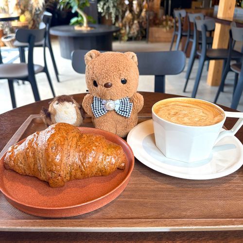 きょの おひるは こうえんの かふぇで こうちゃの くろわっさん🥐🎶
りす ぱんの なかで くろわっさんが いちばん すき💖
とうにゅの らても とっても おいしかったよ～☕️✨️

こうえんの なかに ある むかしの おにわで はなちょうずの いべんとが はじまってたの🌸🌼
すたんぷらりーが できるんだって🎶
おはなが きれいな うちに みられて よかったよ✨️
‪(՞ .  ̫ .՞)︎💕︎