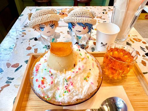 😻「猫さんプリン🍮が乗ったかき氷🍧食ってきたぜ〜！雪花氷(シェーホワビン)って言うらしい」

🐦「何とも愛らしいな。ふわふわの氷の上にミルク味のアイス🍨を削ったものを乗せているようだ。優しい甘さだったぞ」