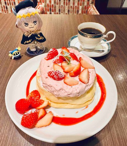 昨日は僕が飼い主と出会って2周年だったんだ。1日遅れだけどお祝いにイチゴたっぷりのパンケーキを食べたよ！う～ん、ゼイタク！ありがとう、飼い主！
今日出会ったマホロアくんとも一緒だよ。