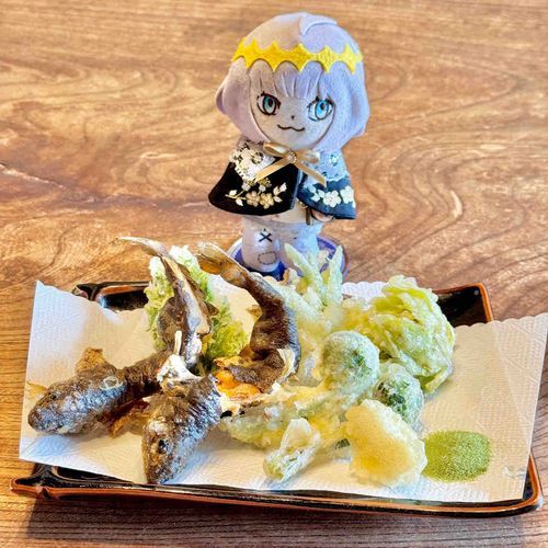 春の山菜を食べたくて山奥の定食屋さんにやってきたんだ。コゴミ、フキノトウ、タラノメ、ウルイ……そして岩魚の天ぷら！とーっても美味しかったよ！春の山の幸は最高だね！