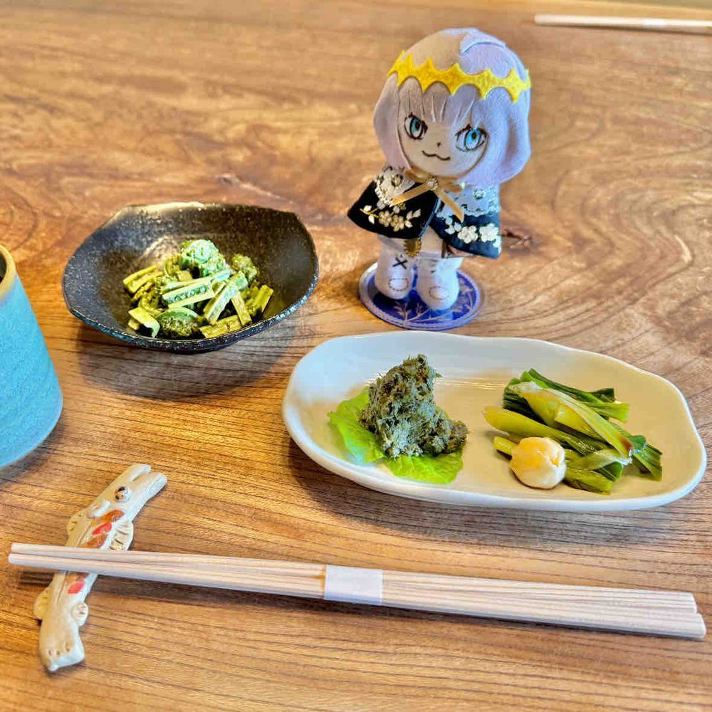 春の山菜を食べたくて山奥の定食屋さんにやってきたんだ。コゴミ、フキノトウ、タラノメ、ウルイ……そして岩魚の天ぷら！とーっても美味しかったよ！春の山の幸は最高だね！