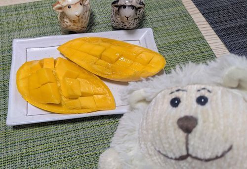 マンゴーを食べました！
裏返そうとしてもすぐ戻っちゃいます！難しい！プロの切り方はすごい！
甘くておいしかったです！