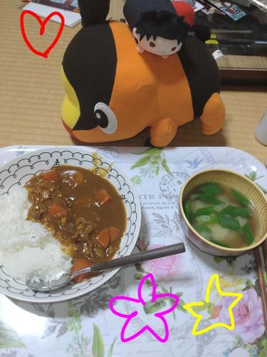 えのぐぺんきのお部屋散らかっていてゴメンナサイm(_ _)m
ポカブの上に乗ったチヒロ（カグラバチ）
えのぐぺんきカレー大好きなんです🍛
